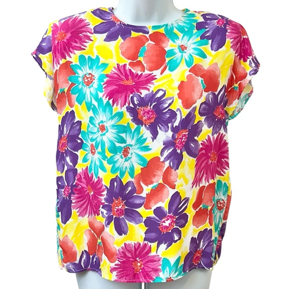 Vintage 80’s Bright Flower Power Short Sleeve Blouse Top Shirt Small - Picture 1 of 7